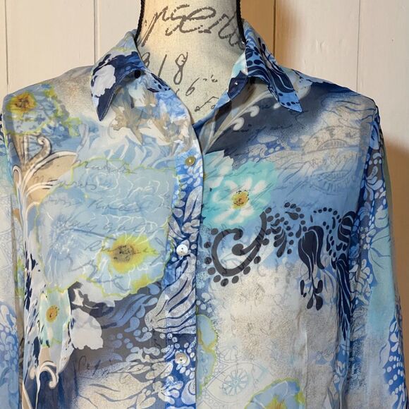 Nicola Sheer Floral Blue 3/4 Sleeves Top (Size Medium) - Picture 4 of 6